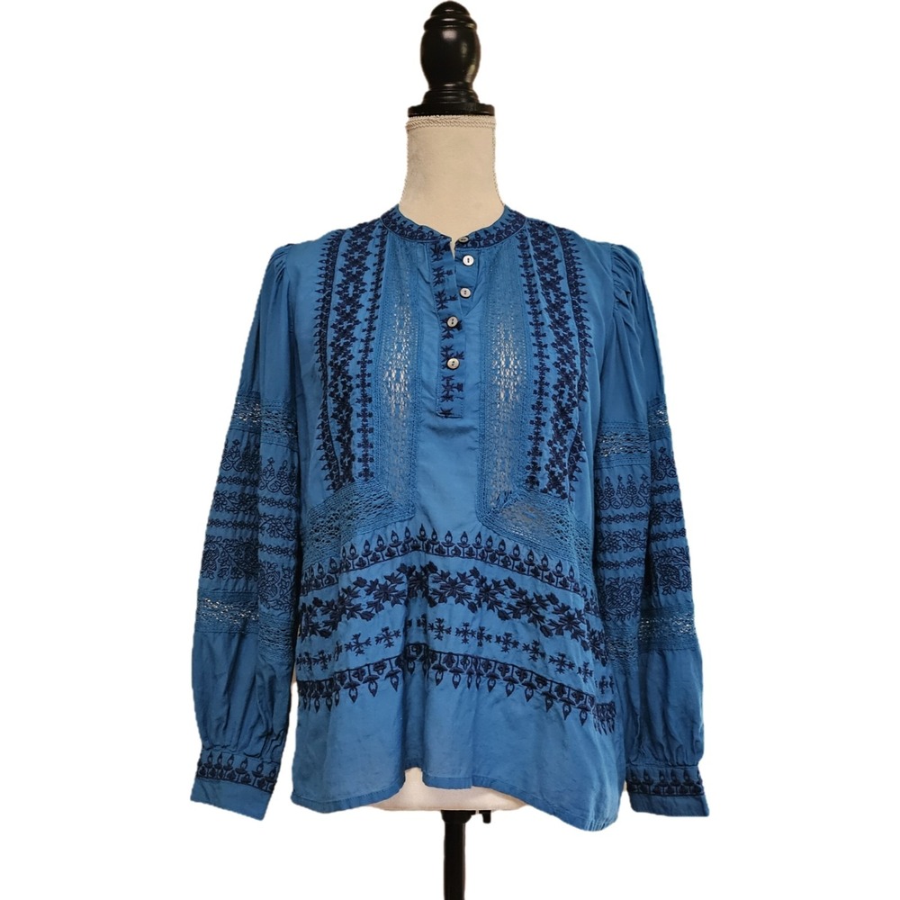 Sundance Blue Floral Embroidered‎ Sheer Crochet Puff Sleeve Henley Size XS